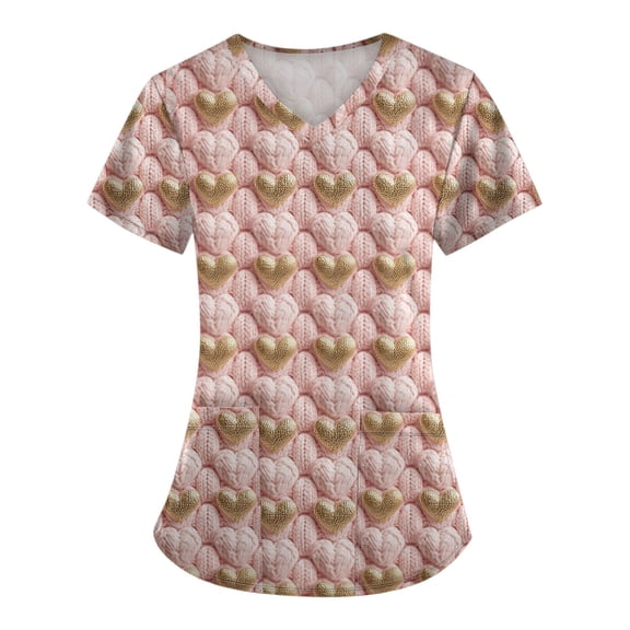 Hearthz S-5XL Valentines Day Scrubs Tops for Women Love Heart Graphic Scrubs for Women V Neck Short Sleeve Nurses Working Uniforms with Pocket