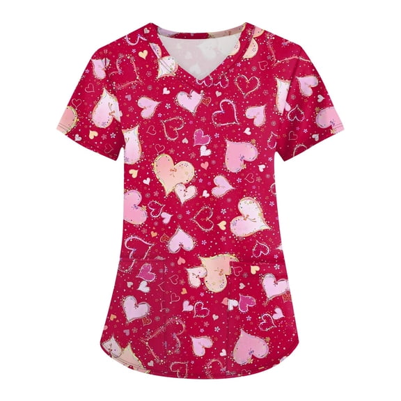Hearthz S-5XL Valentines Day Scrubs for Women Love Heart Graphic Women's Scrub Tops V Neck Short Sleeve Nurse Uniform with Pocket