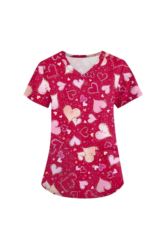 S-5XL Valentines Day Scrubs for Women Love Heart Graphic Women's Scrub Tops V Neck Short Sleeve Nurse Uniform with Pocket