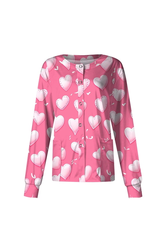 S-5XL Valentines Day Women's Medical Scrub Jackets Long Sleeve Snap Front Holiday Scrubs Tops for Women Love Heart Graphic Nurses Working Uniforms with Pocket
