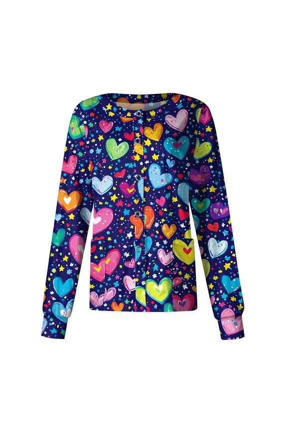 S-5XL Valentines Day Womens Scrub Jacket Long Sleeve Snap Front Holiday Women's Scrub Tops Love Heart Graphic Women's Nurse Uniform with Pocket