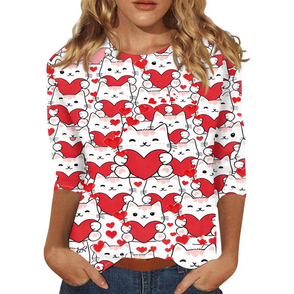 Hearthz S-5XL Valentines Shirts for Women Heart Print O Neck 3/4 Sleeve Shirts for Women Comfy Holiday Womens Tunic Top