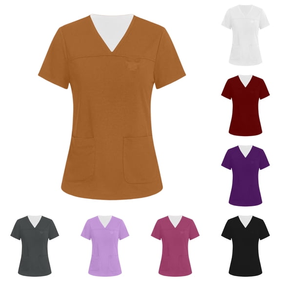 Hearthz S-5XL Womens Scrub Tops Plus Size V Neck Short Sleeve Nurse Uniform with Pocket