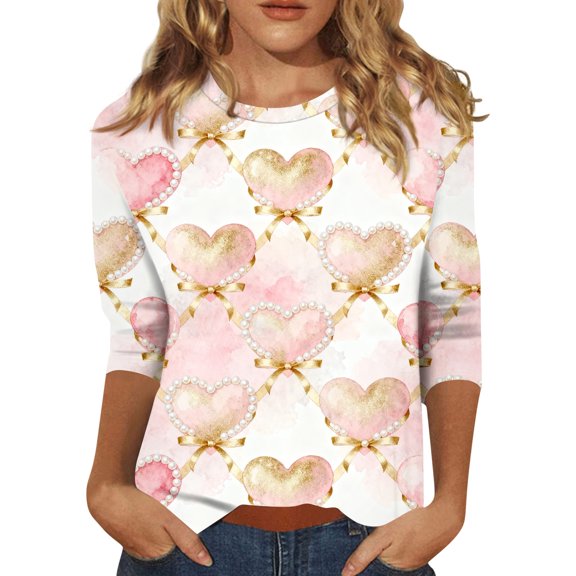 Hearthz S-5XL Womens Valentines Day Shirt Love Heart Print O Neck Womens 3/4 Sleeve Tops and Blouses Comfy Holiday Women's Tunic Tops