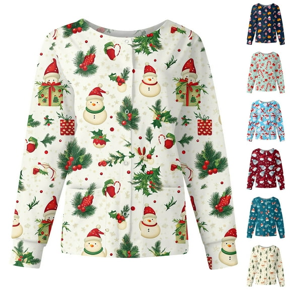Hearthz Scrub Jacket for Women Christmas Warm Up Scrubs for Women Workwear Xmas Elk Print Long Sleeve Snap Front Nurse Uniforms with Pockets S-5XL