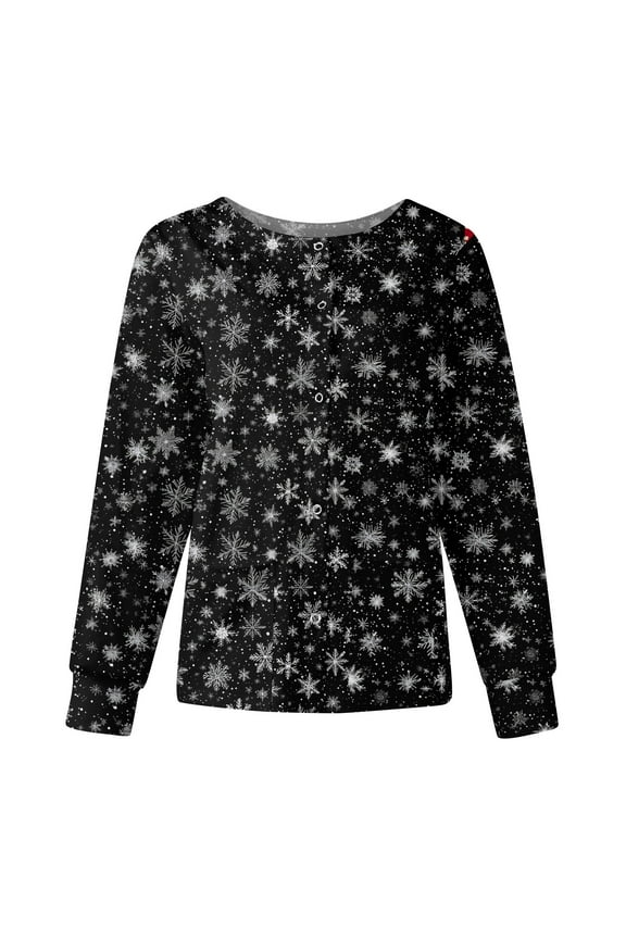 Scrub Jackets for Women Christmas Long Sleeve Nurses Working Uniforms Snap Front Warm Up Women Scrub Tops with Pockets