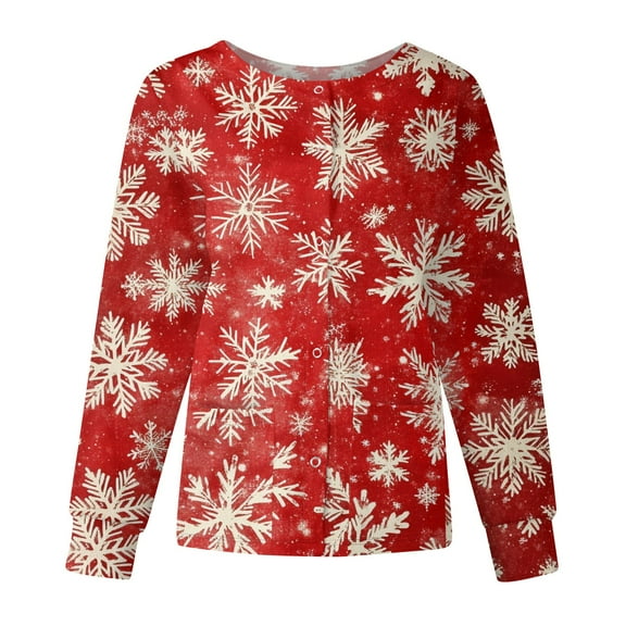 Hearthz Scrub Jackets for Women Plus Size Christmas Long Sleeve Nurse Uniforms Snap Front Warm Up Womens Scrubs with Pockets