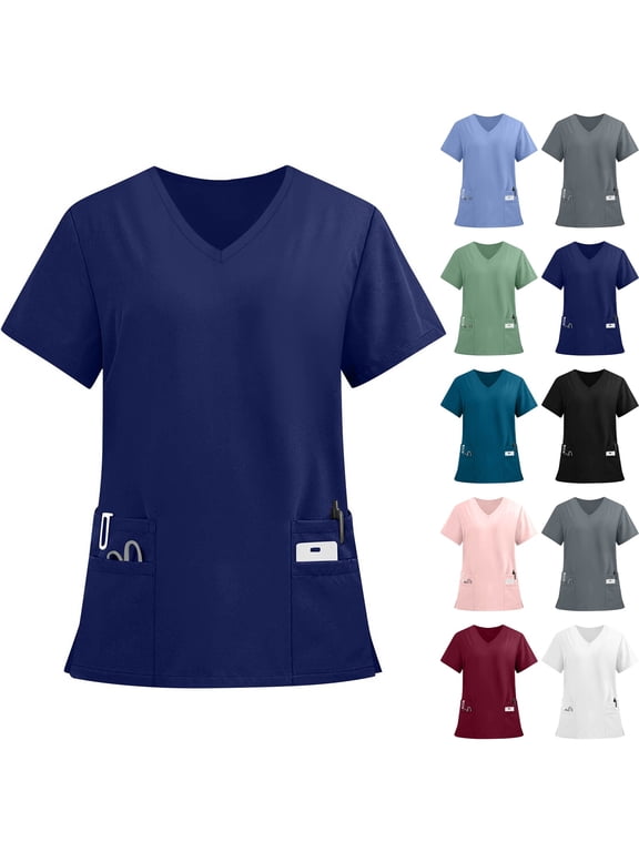 Scrub Tops Women Plus Size Short Sleeve V Neck Women Tops Nursing Uniforms with Pocket