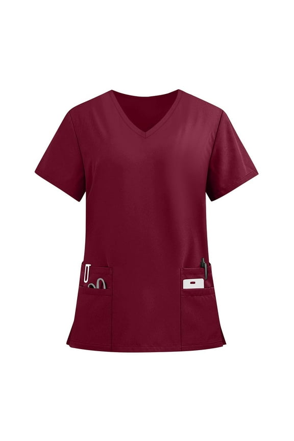 Scrub Tops Women Stretchy Print V-Neck Short Sleeve Women Tops Casual Nursing Uniforms with Pocket
