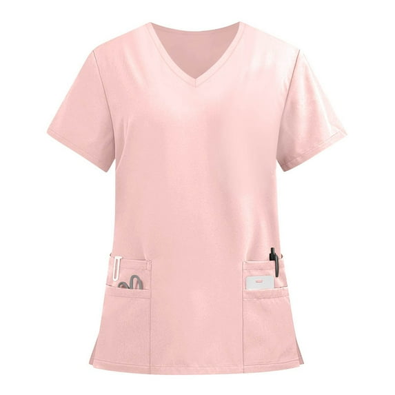 Hearthz Scrub Tops Women V-Neck Short Sleeve Women Shirts Dressy Casual Nursing Working Uniform with Pocket