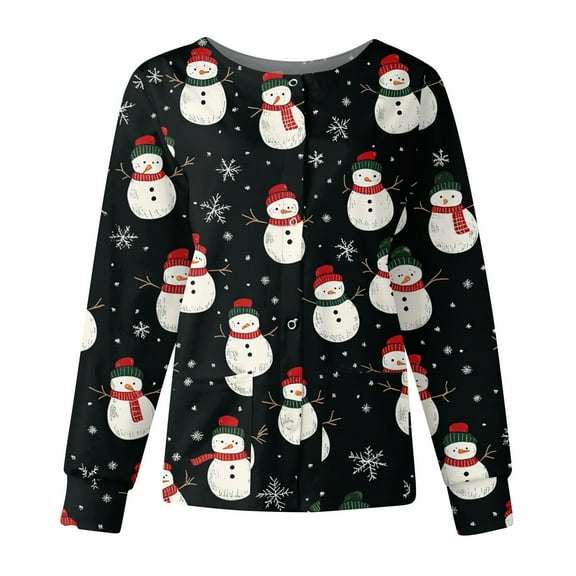 Hearthz Scrubs Jacket for Women Christmas Long Sleeve Nurse Uniforms Snap Front Warm Up Scrubs for Women with Pockets