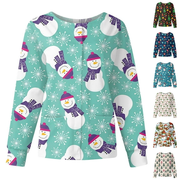 Hearthz Scrubs Jacket for Women Christmas Warm Up Scrubs Top for Women Santa Claus Print Long Sleeve Snap Front Nurse Uniforms with Pockets S-5XL