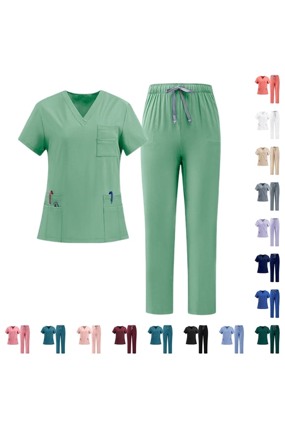 Scrubs for Women Set Nurse Uniform Jogger Suit Stretch Top & Pants Plus Size Nurse Working Uniforms with Pocket