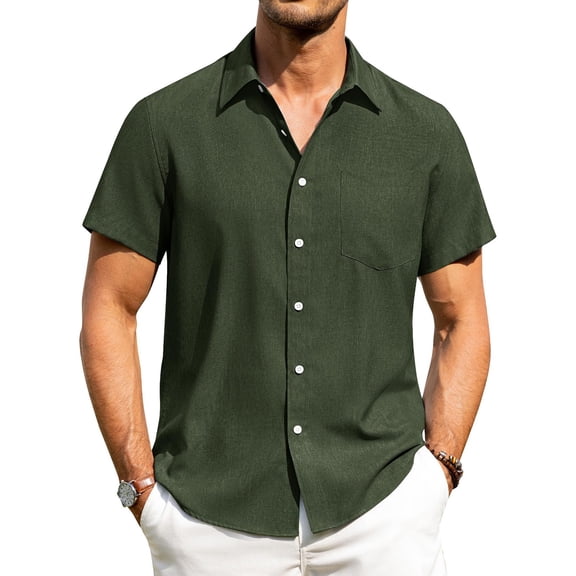 Hearthz Shirts for Men Short Sleeve Regular Fit Casual Button Down Shirt Summer Beach Holiday Shirt with Pocket (Army Green,M)