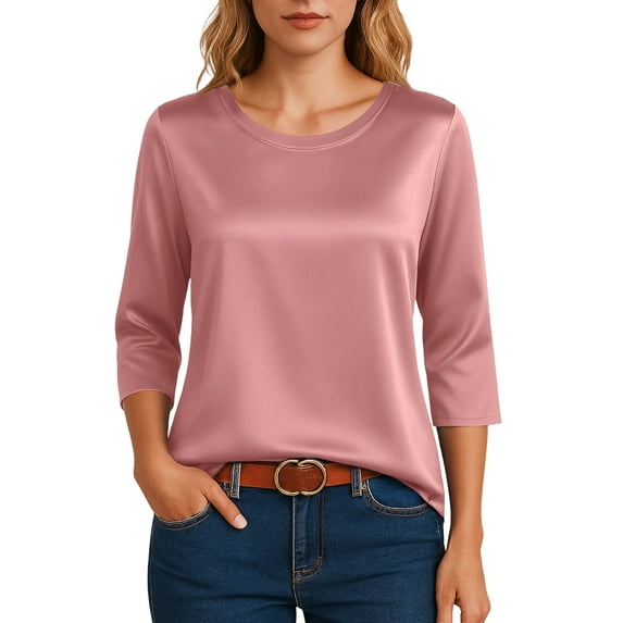 Hearthz Silk Satin Blouses for Women Dressy 3/4 Sleeve Shirts for Women Loose Basic Shirt Tshirt Business Work Shirts