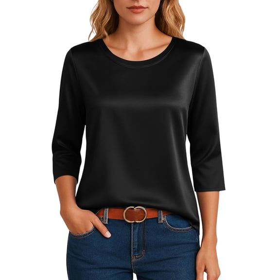 Hearthz Silk Satin Blouses for Women Dressy 3/4 Sleeve Tops for Women Loose Basic Shirt Tshirt Business Work Shirts
