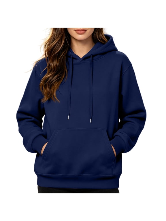 Over Sized Hoodie Women Drop Shoulder Long Sleeve Ladies Sweatshirts Fall Winter Solid Color Lightweight Pullover for Women with Pocket Navy S