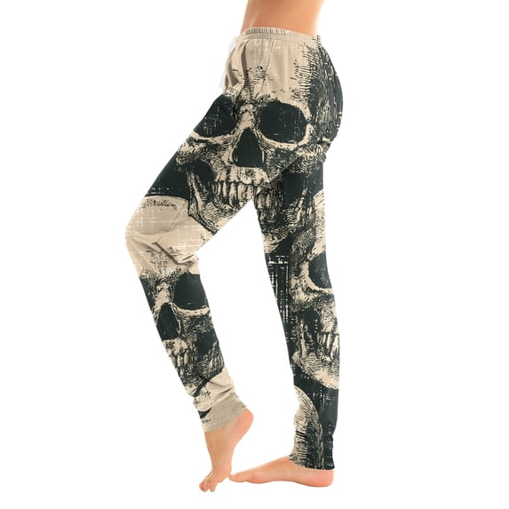 Hearthz Skull Red Rose Print Pj Bottoms for Women Elastic Drawstring Jogger Pants Soft Holiday Halloween Cuffed Ankle Trousers for Women