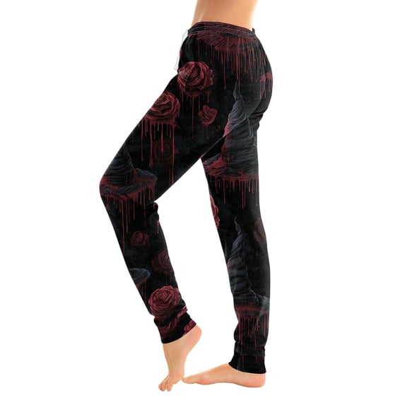 Hearthz Skull Red Rose Print Womens Pajama Pants Elastic Drawstring Jogger Pajama Pants Casual Soft Halloween Cuffed Ankle Womens Trouser Pants
