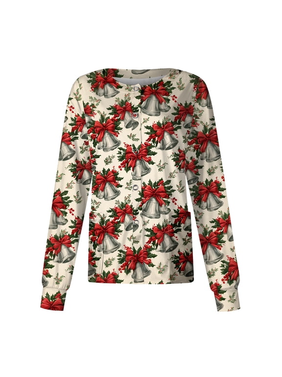 Snap Front Christmas Scrub Jacket Women Long Sleeve Stretchy Warm Up Scrub Top Women Xmas Holiday Plus Size Nurses Working Uniforms with Pocket