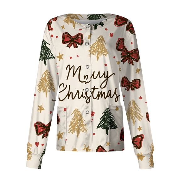 Hearthz Snap Front Christmas Scrub Jacket Women Long Sleeve Stretchy Warm Up Scrubs Top for Women Xmas Holiday Plus Size Nurse Working Uniforms with Pocket