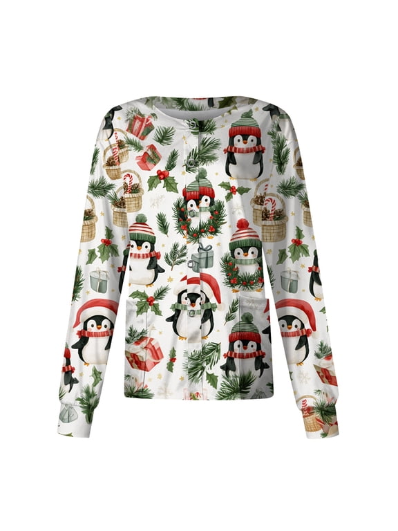 Snap Front Christmas Scrub Jacket for Women Long Sleeve Stretchy Warm Up Scrubs for Women Xmas Holiday Plus Size Nurse Working Uniforms with Pocket