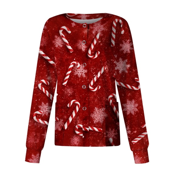 Hearthz Snap Front Christmas Scrub Jackets for Woman Long Sleeve Stretchy Warm Up Scrubs Top for Women Xmas Holiday Plus Size Women Nurse Uniform with Pocket