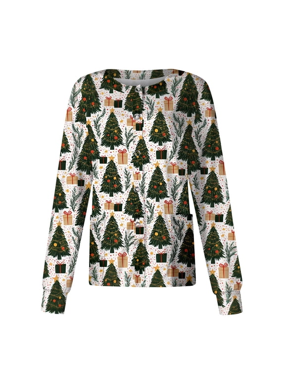 Snap Front Christmas Scrub Jackets for Women Long Sleeve Stretchy Warm Up Scrub Tops for Women Xmas Holiday Plus Size Christmas Tree Graphic Women’s Nurse Uniforms with Pocket