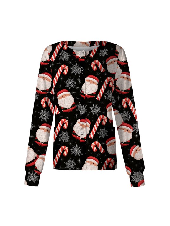 Snap Front Christmas Womens Scrub Jacket Long Sleeve Stretchy Warm Up Scrub Tops for Women Xmas Holiday Plus Size Santa Claus Graphic Women's Nurse Uniform with Pocket