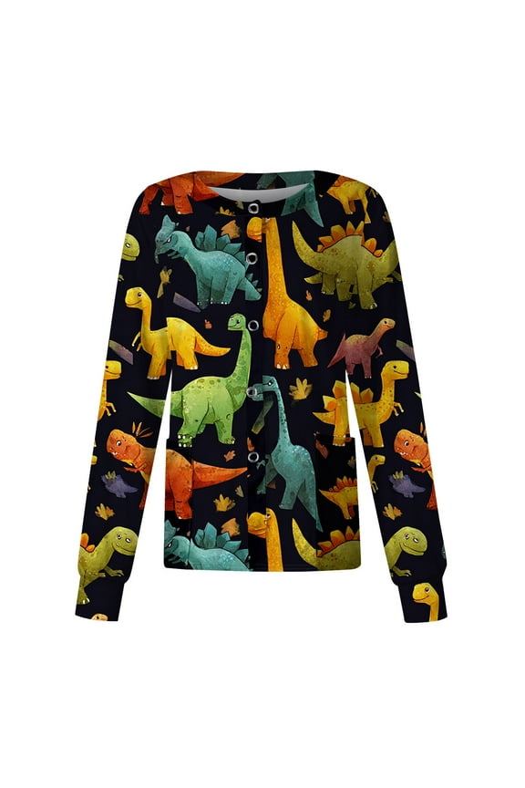 Snap Front Scrub Jackets for Woman Stretchy Long Sleeve Animals Pattern Nursing Shirt Working Uniforms Fitted Scrub Tops Women Stretchy with Pocket