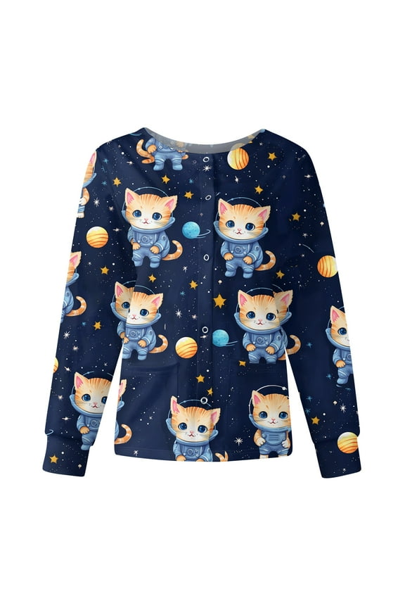 Snap Front Scrub Jackets for Woman Long Sleeve Stretchy Animal Print Nursing Shirt Working Uniforms Scrub Tops Women Stretchy with Pocket