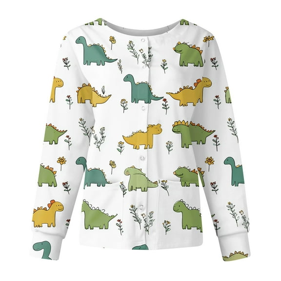 Hearthz Snap Front Scrub Jackets for Woman Long Sleeve Stretchy Animal Print Nursing Shirt Working Uniforms Scrubs for Women Workwear with Pocket