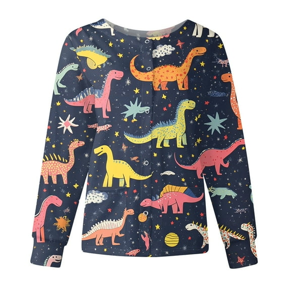 Hearthz Snap Front Scrub Jackets for Woman Long Sleeve Stretchy Animal Print Nursing Shirt Working Uniforms Womens Scrubs Top Workwear with Pocket