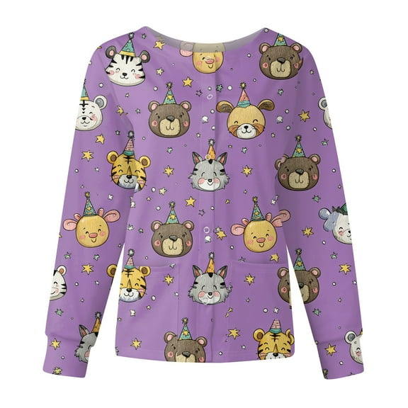 Hearthz Snap Front Scrub Jackets for Woman Long Sleeve Stretchy Animal Print Nursing Tops Working Uniforms Scrub Tops Women Plus Size with Pocket