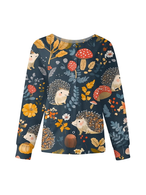 Snap Front Scrub Jackets for Woman Long Sleeve Stretchy Animal Print Nursing Tops Working Uniforms Womens Scrub Tops Printed with Pocket