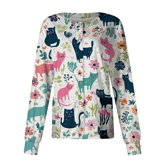 Hearthz Snap Front Scrub Jackets for Woman Long Sleeve Stretchy Animals Pattern Nursing Shirt Working Uniforms Womens Scrubs Top Workwear with Pocket