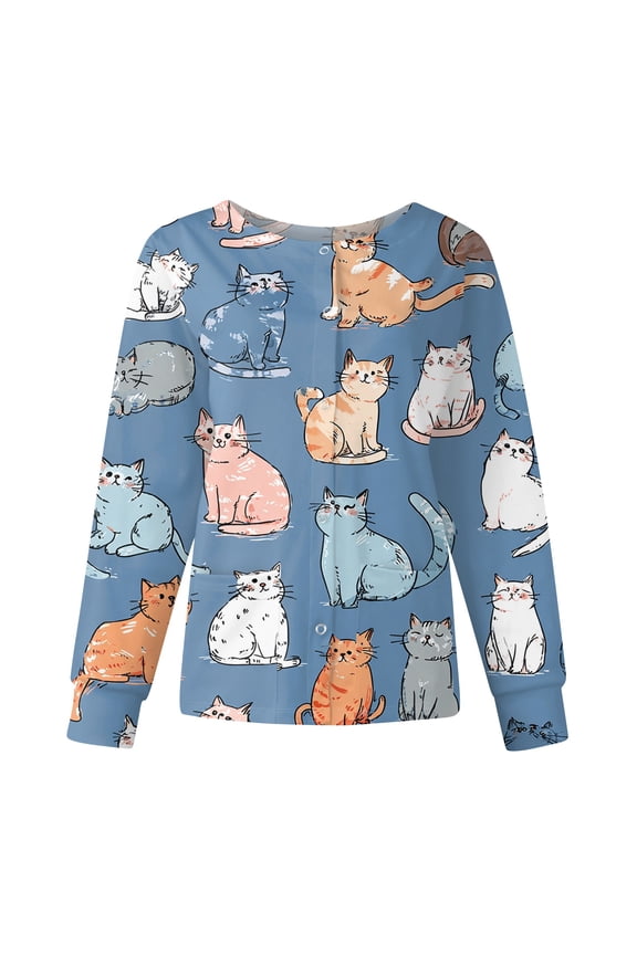 Snap Front Scrub Jackets for Woman Long Sleeve Stretchy Animals Pattern Nursing Tops Working Uniforms Scrub Tops Women Design with Pocket