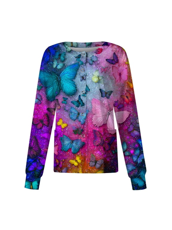 Snap Front Scrub Jackets for Woman Long Sleeve Stretchy Animals Pattern Nursing Tops Working Uniforms Scrub Tops Women Plus Size with Pocket