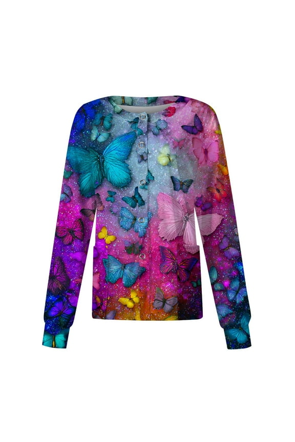 Snap Front Scrub Jackets for Woman Long Sleeve Stretchy Animals Pattern Nursing Tops Working Uniforms Scrub Tops Women Plus Size with Pocket