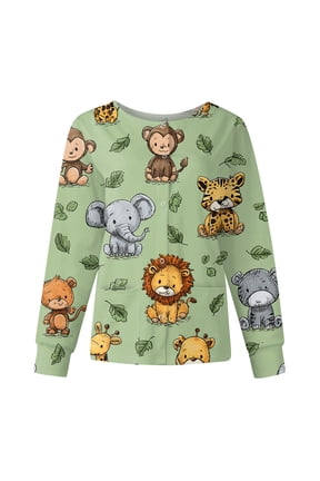 Snap Front Scrub Jackets for Woman Long Sleeve Stretchy Animals Pattern Nursing Tops Working Uniforms Scrubs Tops for Women with Pocket