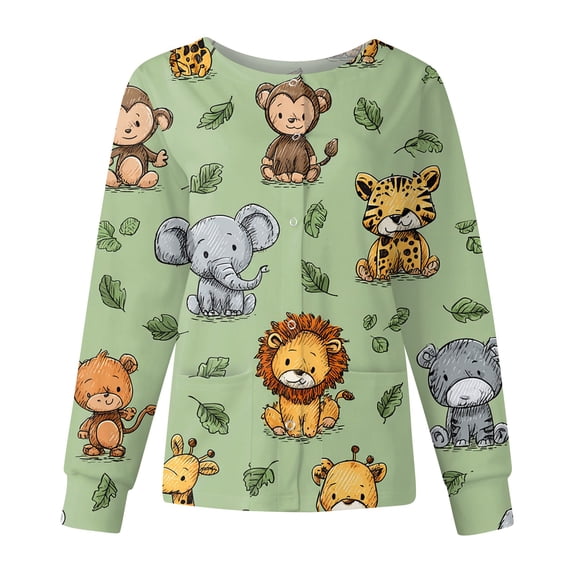 Hearthz Snap Front Scrub Jackets for Woman Long Sleeve Stretchy Animals Pattern Nursing Tops Working Uniforms Scrubs Tops for Women with Pocket