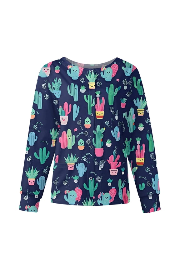 Snap Front Scrub Jackets for Woman Long Sleeve Stretchy Animals Pattern Nursing Tops Working Uniforms Womens Scrub Tops Printed with Pocket