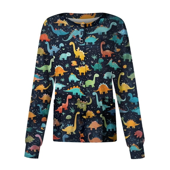 Hearthz Snap Front Scrub Jackets for Woman Stretchy Long Sleeve Animal Print Nursing Tops Working Uniforms Scrub Tops Fitted with Pocket
