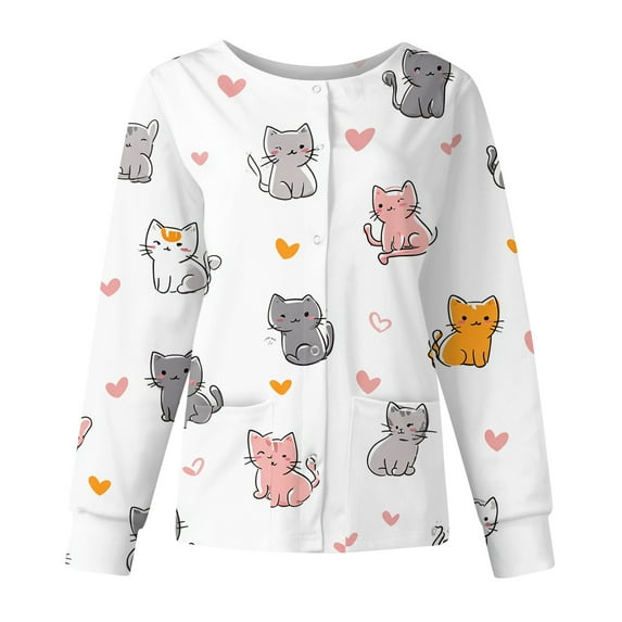 Hearthz Snap Front Scrub Jackets for Woman Stretchy Long Sleeve Animal Print Nursing Tops Working Uniforms Womens Scrub Top with Pocket