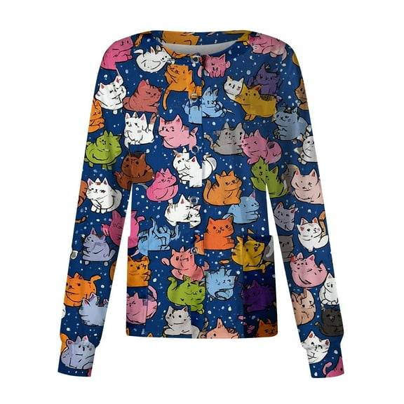 Hearthz Snap Front Scrub Jackets for Woman Stretchy Long Sleeve Animal Print Nursing Tops Working Uniforms Womens Scrub Tops Print with Pocket