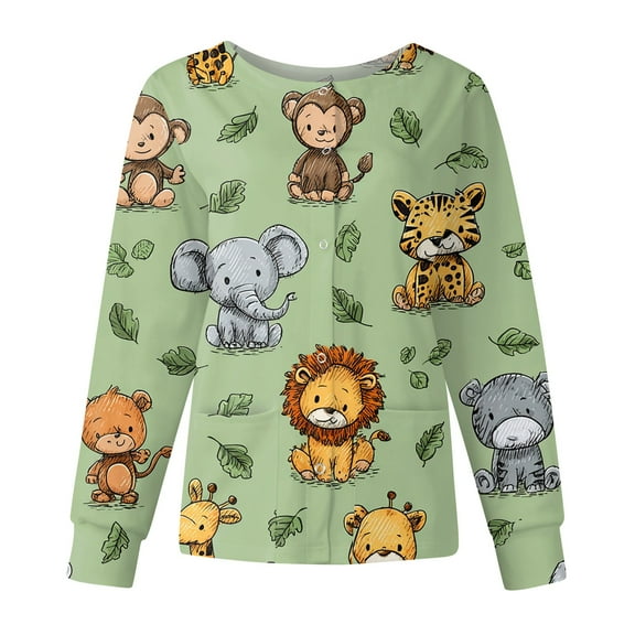Hearthz Snap Front Scrub Jackets for Woman Stretchy Long Sleeve Animals Pattern Nursing Shirt Working Uniforms Womens Scrubs with Pocket
