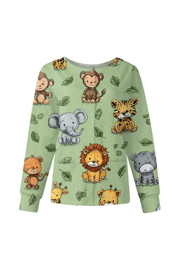 Snap Front Scrub Jackets for Woman Stretchy Long Sleeve Animals Pattern Nursing Shirt Working Uniforms Womens Scrubs with Pocket
