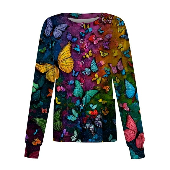 Hearthz Snap Front Scrub Jackets for Woman Stretchy Long Sleeve Animals Pattern Nursing Tops Working Uniforms Womens Scrub Tops Print with Pocket