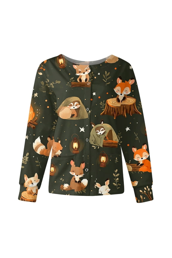 Snap Front Scrub Jackets for Women Long Sleeve Stretchy Animal Print Nursing Shirt Working Uniforms Womens Scrub Tops Printed with Pocket