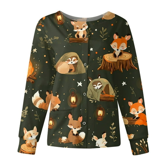 Hearthz Snap Front Scrub Jackets for Women Long Sleeve Stretchy Animal Print Nursing Shirt Working Uniforms Womens Scrub Tops Printed with Pocket